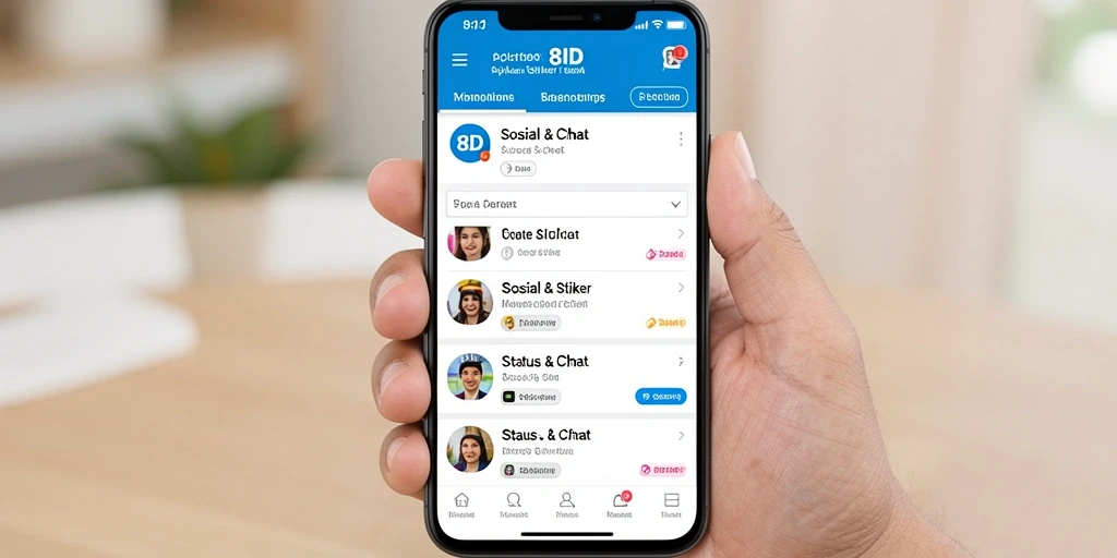 Antarmuka aplikasi 8ID yang menarik dan fungsional untuk Status & Stiker.