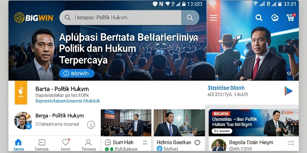 Antarmuka aplikasi BIGWIN menampilkan berita politik dan hukum terkini.