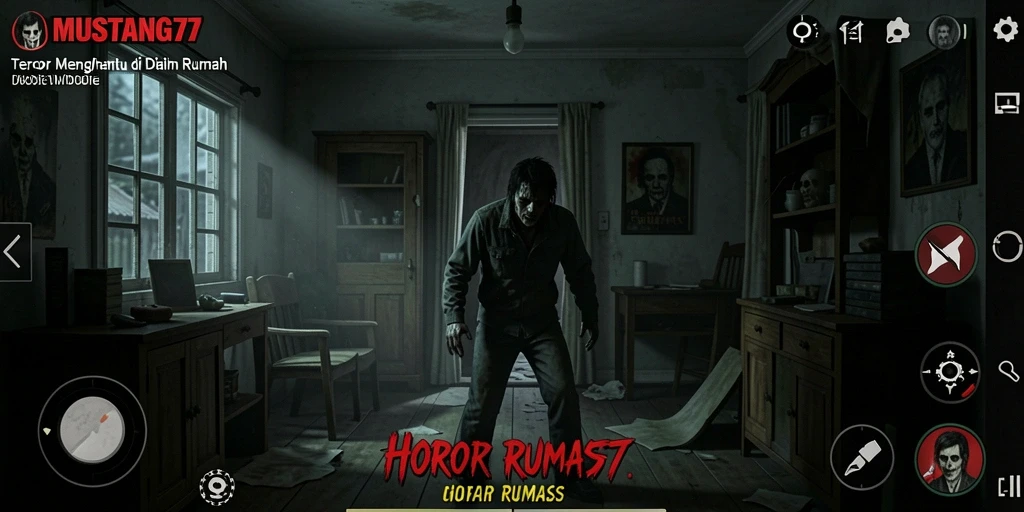 Screenshot MUSTANG77 menampilkan suasana horor dalam rumah angker.